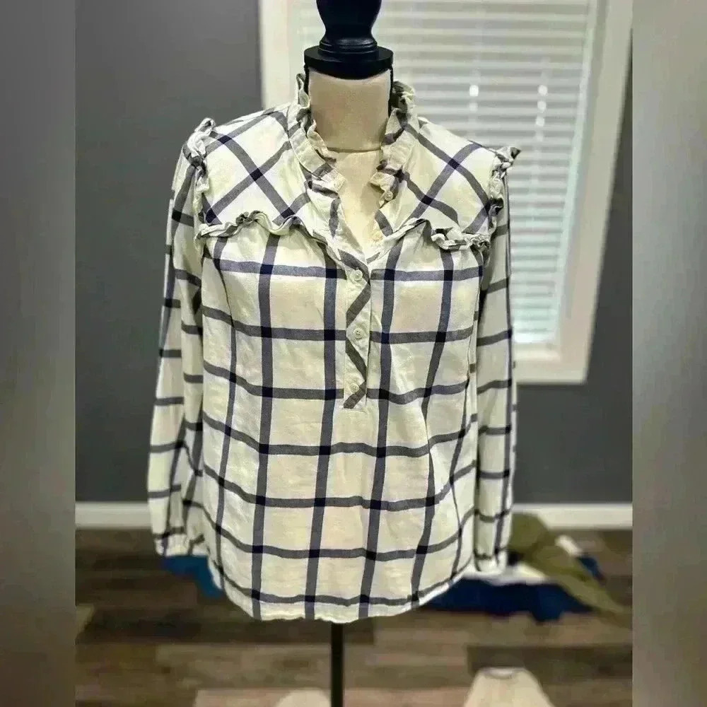 J Crew Small Top Ruffle Popover Shirt Tunic Plaid Flannel Navy White